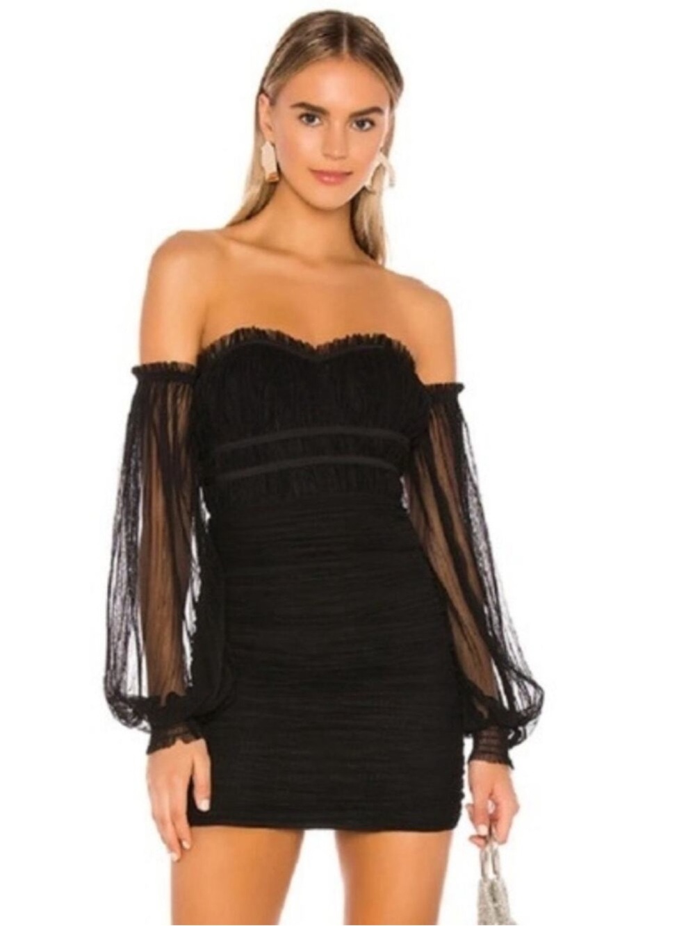 Majorelle Zata Ruched Long Sleeve Off Shoulder Black Dress - Size Small